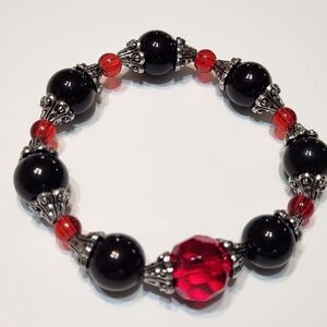 Hand Crafted Black and Red Beaded Bracelet Stretch Chunky